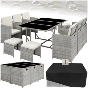Garden Table and Chairs Malaga - 10 seats with cushions, dining table, rain cover - light grey