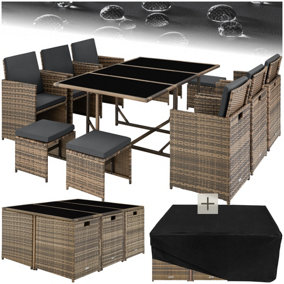 Garden Table and Chairs Malaga - 10 seats with cushions, dining table, rain cover - nature