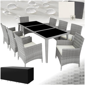 Garden Table and Chairs Menorca - 8 armchairs, dining table, protective cover - light grey