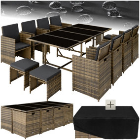 Garden Table and Chairs Palma - 12 seats with cushions, dining table, rain cover - nature/dark grey