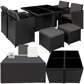 Garden Table & Chairs Manhattan - 8 seats with cushions, dining table, rain cover - black