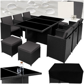 Garden Table & Chairs New York - 10 seats with cushions, dining table, rain cover - black