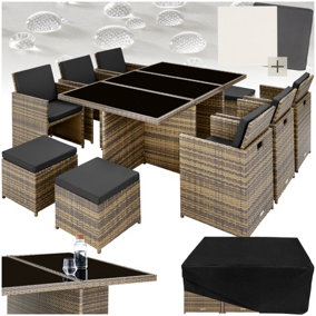 Garden Table & Chairs New York - 10 seats with cushions, dining table, rain cover - nature