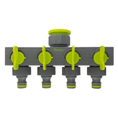 garden tap four way splitter,allows 4 connections fron one tap,individual flow valves