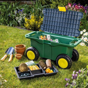 Garden Tool Trolley & Seat - Plastic Storage Cart Box with 4 Wheels, 2 Handles, Clasp Lid & Removeable Tray - H30 x W55 x D27cm