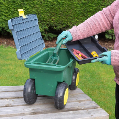 Garden Tool Trolley & Seat - Plastic Storage Cart Box with 4 Wheels, 2 Handles, Clasp Lid & Removeable Tray - H30 x W55 x D27cm