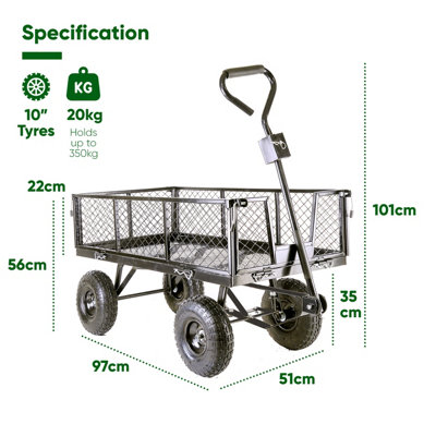 Garden TRAILER Cart Pull Along Trolley 350kg Heavy Duty Black Mesh Utility Gardeners Wagon with Removable Liner & Folding Sides