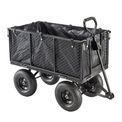 Garden TRAILER Deluxe High Sided Cart Pull Along Trolley 500kg Heavy Duty Black Utility Gardeners Wagon with Liner, Folding Sides