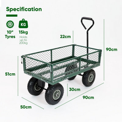 Garden TROLLEY Cart Pull Along Trailer 200kg Load Green Mesh Utility Festival Camping Wagon with Removable Liner & Folding Sides