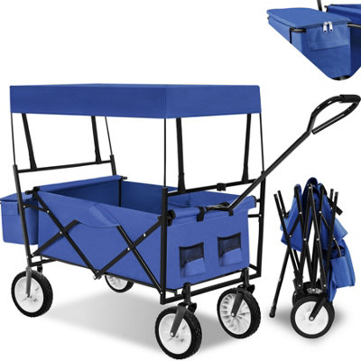 Garden Trolley - foldable, with roof, 3 pockets, transport bag, 80 kg capacity - blue