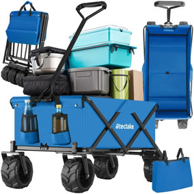 Garden Trolley - foldable with wide wheels, 2 pockets, transport bad, 80 kg capacity  - blue