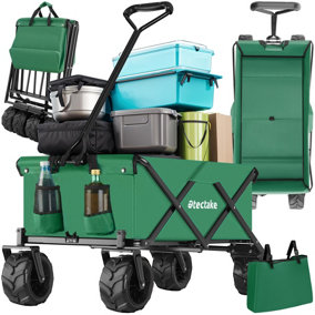 Garden Trolley - foldable with wide wheels, 2 pockets, transport bad, 80 kg capacity  - green