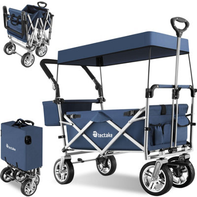 Garden Trolley Nico - foldable, with roof, telescopic handle, brake function, bag - blue