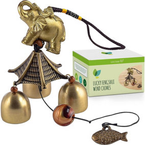 Garden Wind Chimes for Indoor or Outdoor use with Good Luck Fengshui Metal Wind Chime Bells (Elephant and Fish Design)