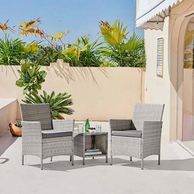 GardenCo Grey 2 Seat Rattan Bistro Set with Low Glass Top Storage Table Two Chairs Outdoor Garden Furniture