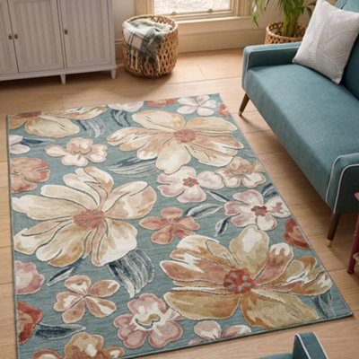 Gardenia Jasmine Indoor Outdoor Low Pile Area Rug Floral Design Blue ...