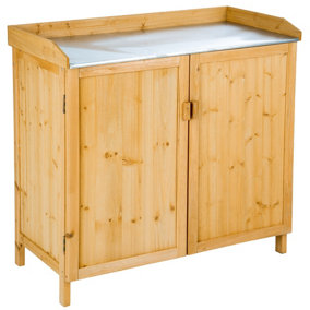 Gardening Bench - wooden with galvanised worktop, divided storage space - brown