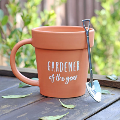 Gardening Gift Mug - Gardener of the year plant pot mug with shovel shaped spoon by Jamieson Brothers
