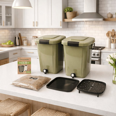 Gardening Naturally Olive Green and Black Bokashi Bin (Twin Pack) With 1kg Bokashi Bran