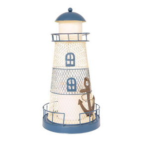 GardenKraft 11289 33cm Tall Blue & White Metal Lighthouse with Solar Powered Candle Light