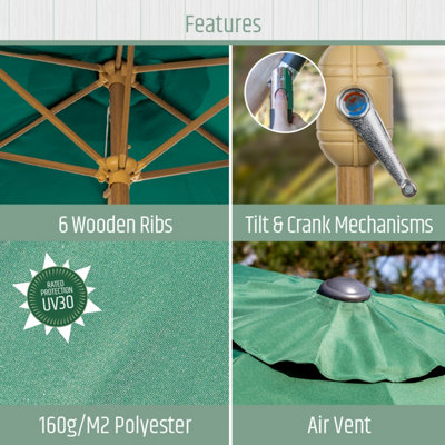 GardenKraft 2.7m Outdoor Wooden Effect Parasol - Dark Green