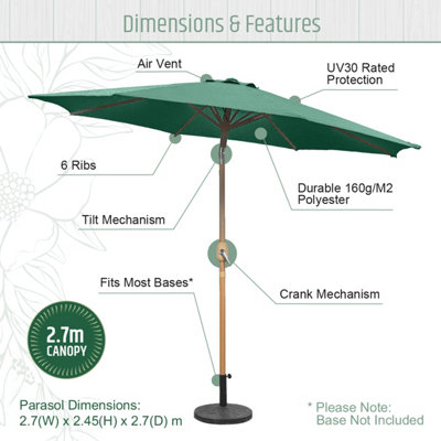 GardenKraft 2.7m Outdoor Wooden Effect Parasol - Dark Green