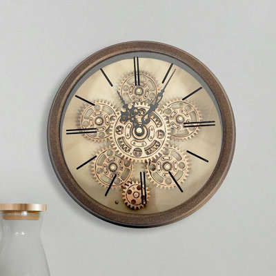 Garley Living Room Round Wall Clock with Metal Frame, Glass Front Gear ...