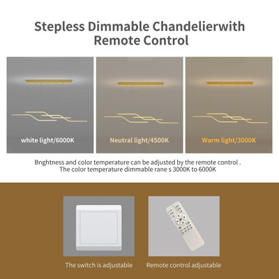 Garwarm 3-Light Dimmable Linear LED Wave Chandelier Light with Remote