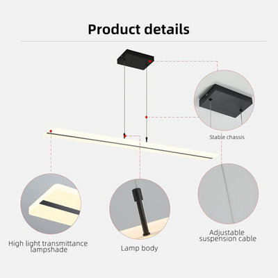 Garwarm 40W Modern Dimmable LED Pendant Light Long Strip Chandeliers ...