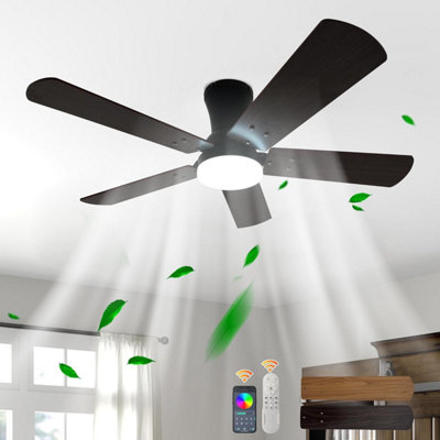 Garwarm 42 Inch Black Flush Mount Ceiling Fan with Dimmable RGB LED Light & Remote Control