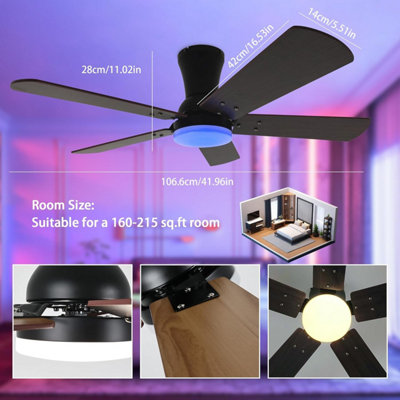 42" Flush Mount LED Ceiling Fan With Light – Remote, 6 Speeds, 3CCT, Black