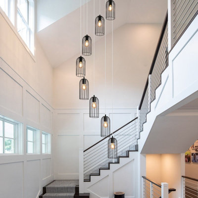 Garwarm 8 Light Modern Caged Pendant Light Long Staircase Chandelier