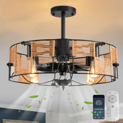 Garwarm Ceiling Fans with Lights Industrial Style Farmhouse 50cm Boho Rattan Caged Lamp Hanging Pendant E27 with Remote Control