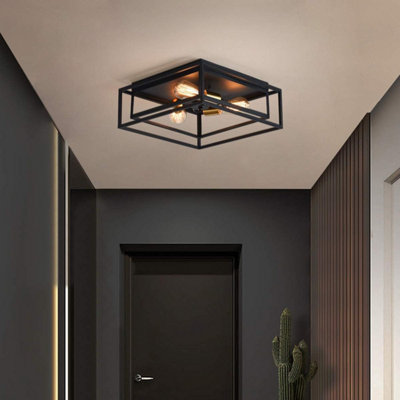Garwarm Ceiling Light - Black Square Design, 3-Light Flush Mount, Metal Finish, Vintage Style