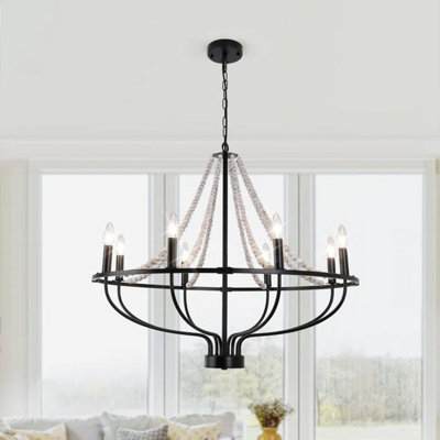Garwarm - Light Dimmable Wagon Wheel Chandelier with Beaded Accents for living room bedroom Black