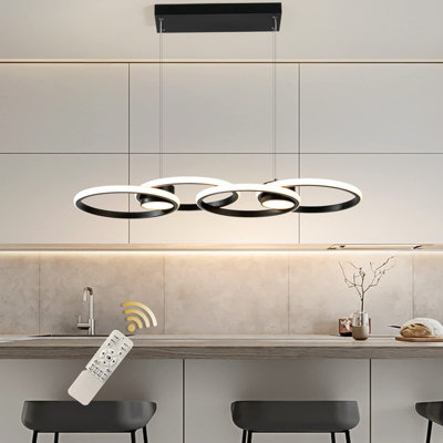 Garwarm Modern 4 Rings Black Dimmable LED Pendant Light with Remote