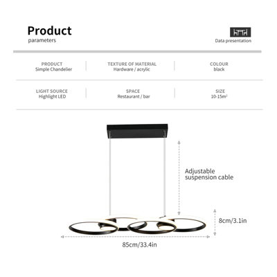 Garwarm Modern 4 Rings Black Dimmable LED Pendant Light with Remote