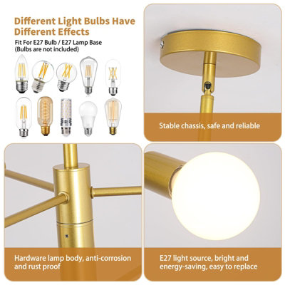 Garwarm Modern Sputnik Gold Chandeliers 6 Light Semi Flush Mount Ceiling Light