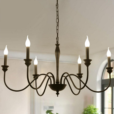 Garwarm Rustic French Country 95cm Black Candle-Style Chandelier with Adjustable Chain, 6 Lights