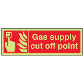 Gas Cut Off Point Fire Safety Sign - Glow in the Dark - 300x100mm (x3)