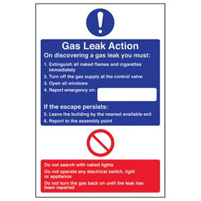 Gas Leak Action Fire Notice Sign - 1mm Rigid Plastic - 150x200mm (x3)