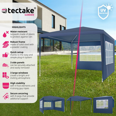 Gazebo Baraban - 3 x 3 m, with 3 side panels, weather & UV-resistant, guy ropes incl.  - blue