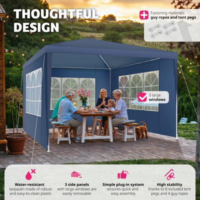 Gazebo Baraban - 3 x 3 m, with 3 side panels, weather & UV-resistant, guy ropes incl.  - blue