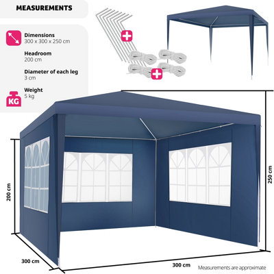Gazebo Baraban - 3 x 3 m, with 3 side panels, weather & UV-resistant, guy ropes incl.  - blue