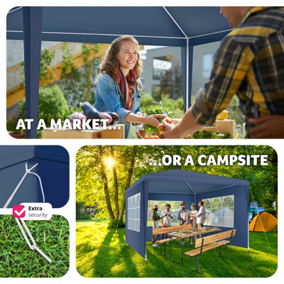 Gazebo Baraban - 3 x 3 m, with 3 side panels, weather & UV-resistant, guy ropes incl.  - blue