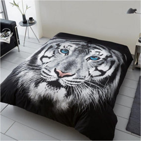 GC GAVENO CAVAILIA 3D Wildlife Tiger Face White 200x240 CM Cosy Fleece Bed Throw, Extra Large Throw Blanket For Bed