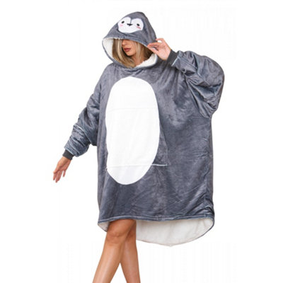 GC GAVENO CAVAILIA Animal Face Blanket Oversized Hoodie Penguin Charcoal Super Soft Fleece Sherpa Sweatshirt Hoodie unisex