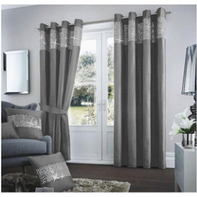 GC GAVENO CAVAILIA Aviv Modern Style Lined Diamante Band Curtains 66x54 Cm Charcoal Luxurious Sparkle Eyelet For Bedroom