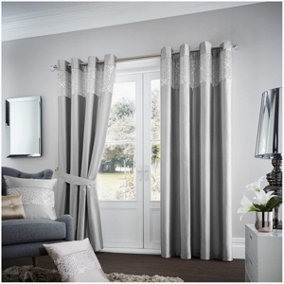 GC GAVENO CAVAILIA Aviv Modern Style Lined Diamante Band Curtains 66x54 Cm Silver Luxurious Sparkle Eyelet For Bedroom