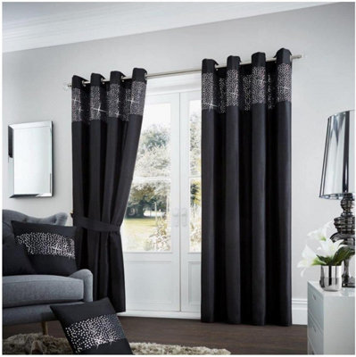 GC GAVENO CAVAILIA Aviv Ring Top Diamante Light Reducing Eyelet Curtain Luxurious Thermal Insulated Curtains Black 90x90 Cm